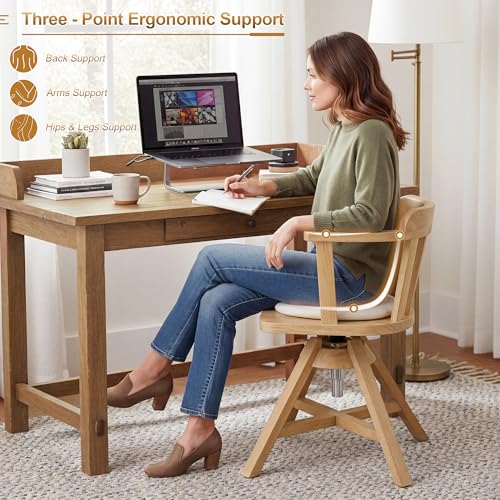 Image of Zesthouse Solid Wood Home Office Desk Chair with Arm, Vintage Office Chair with Adjustable Height, Heavy Duty Desk Chair with Cushion & Slatted Back, Swivel Computer Task Chair No Wheel Raw Wood Color