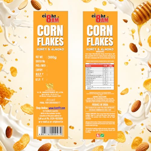 Image of 8:00 AM Corn Flakes Honey & Almond 300 Gram (Pack Of 3), No Cholesterol, Trans Fat, Artificial Additives, Source Of Fiber, Iron & Calcium, Crunchy & Nutritious Whole Grain Breakfast Cereal