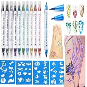 Temporary Tattoo Markers for Skin, 10 Body Markers Make Bold and Fine Lines, Cosmetic Quality + 40 Large Tattoo Stencils for Kids and Adults, Dual-End Tattoo Pens for Body & Face Art