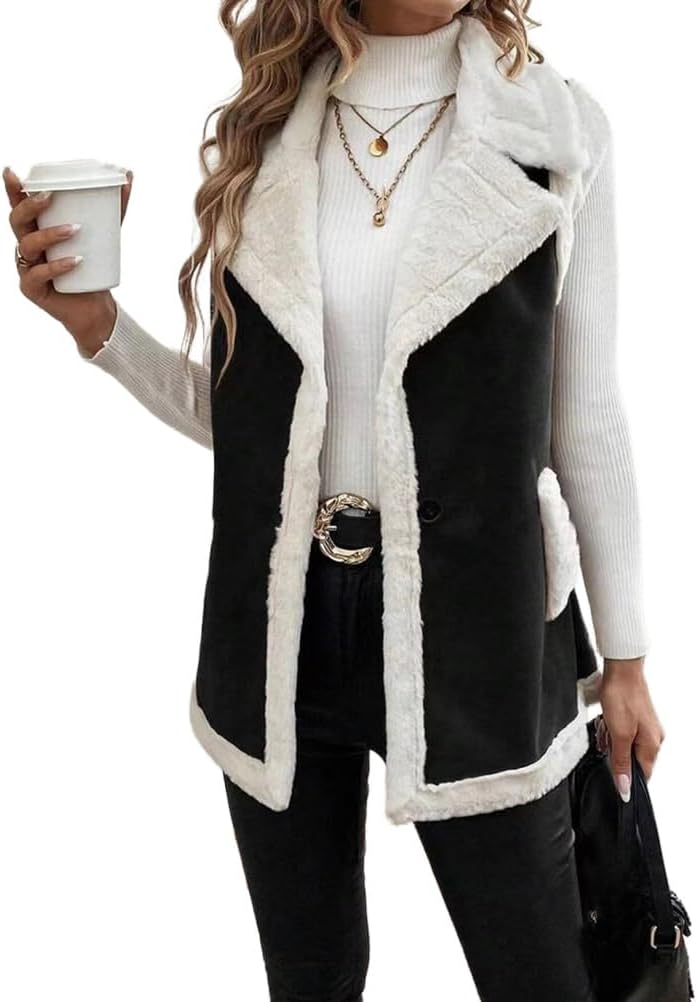 Mywinway Sherpa Vest Womens Fall Winter Faux Fur Suede Leather Vest Jacket Sleeveless Lambswool Fur Warm Coat
