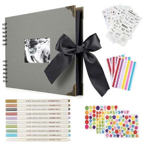 Image of HASTHIP DIY Photo Memory Scrapbook Kit with Spiral Album, Cover Window, Stickers & Metallic Pens for Personalized Travel, Wedding, and Celebration Keepsakes