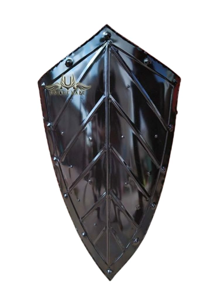Medieval Functional Historical Knight Heater Shield, Armour SCA LARP Replica Warrior Battle Cosplay Shield, Halloween Costume, Black, 28 "