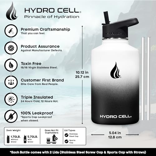 Image of HYDRO CELL Stainless Steel Insulated Water Bottle with Straw - For Cold & Hot Drinks - Metal Vacuum Flask with Screw Cap and Modern Leakproof Sport Thermos for Adults (Black /White 64oz)