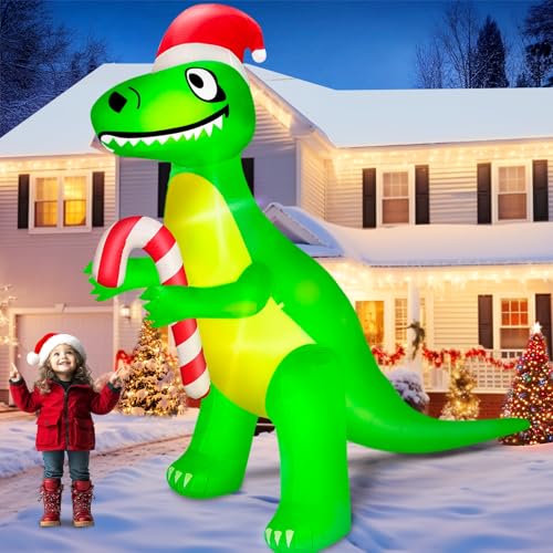 TURNMEON 12 Ft L x10 Ft Ht Giant Christmas Inflatable Santa Dinosaur Candy Cane Build-in LED Lights Christmas Blow up Yard Decorations Outdoor Home Party Lawn Garden Outside Decor
