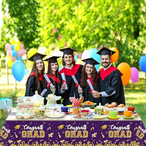 Image of chiazllta Set of 3 Graduation Tablecloths Class of 2026 Congrats Grad Purple Graduation Party Tablecover Decorations Party Supplies Large Size Plastic 54 inchx108 inch(Purple & Gold)