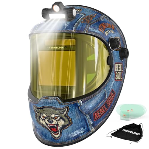 YESWELDER Auto Darkening Welding Helmet with SIDE VIEW and LED, 180° Panoramic View, 1/1/1/1 True Color Solar Powered Welder Hood, Wide Shade 3/5-9/9-13 Welder Mask for TIG MIG ARC CUT and G