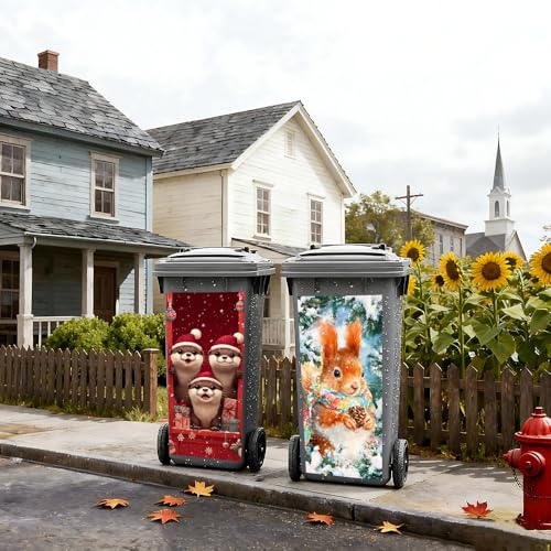 Image of 2 PC Trash Can Sticker 14.57 x 32.28 Inch Cute Otter and Squirrel Christmas Design Vinyl Sticker with Santa Hat Pinecone Gift and Snowflake Pattern for Outdoor Garbage Bin Yard Decor