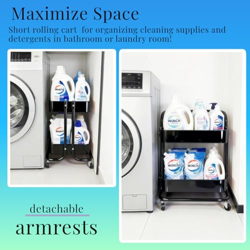 Image of 2 Tier Rolling Utility Cart with Wheels All-Metal Short Pantry Cart Under Desk Storage Trolley with Handle, Small Rolling Storage Shelf for Small Space Kitchen Laundry Room Bathroom, Black