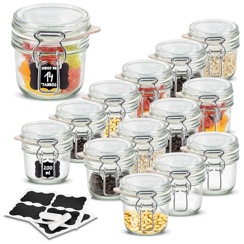 Creative Home 14 x Tarros de Cristal con Tapa Herméticos | 14 x 200ml | Set Botes Envases Cierre de Clip | para Conservar Alimentos | 16 Pegatinas Reutilizables + 1 Tiza Sin Polvo