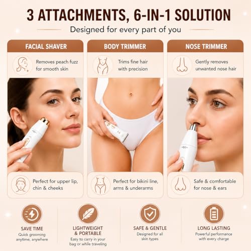 Image of SUPERSTUD 6-in-1 Women Trimmer | Face Hair Remover for Women | Bikini & Eyebrow Trimmer | Rechargeable Hair Removal Machine for Underarms, Nose, Arms, Legs & Intimate Areas | 120 Min Runtime | White