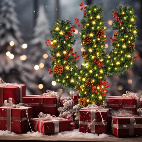 Meooeck LYN-MEOOECK-861 2 Pcs Cactus Christmas Tree 2.5 Ft Pre Lit Artificial Mini Christmas Tree Red Berries Pine Cones Xmas Decor Holiday Decoration thumb #3
