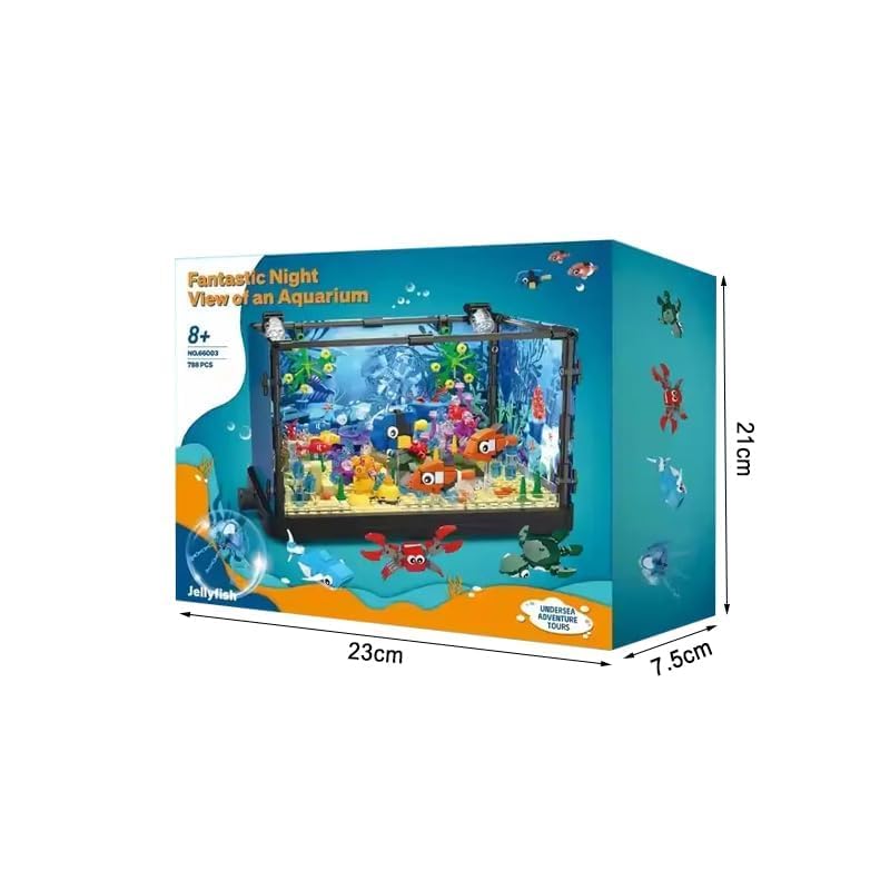 Image of SKY LINE OCEAN 755 pcs Aquarium Fish Tank Building Block Set with LED Lights, Rotatable Knob, Shark & Marine Life Toy for Kids Adults | 6 Months Structural Warranty