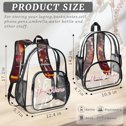 Personalized Large Clear Backpack Stadium Approved Heavy Duty PVC Plastic Custom Funny Guitar Transparent Backpacks See Through Bag with Name, Retro Electric Guitar Music4