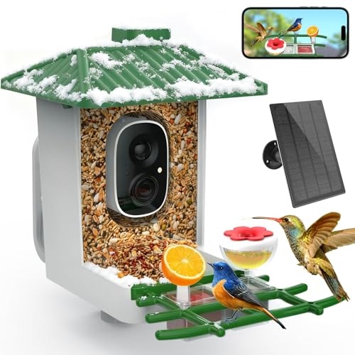 Smart Bird Feeder with Camera Solar Powered, 2K HD WiFi Live View Bird Feeders for Outdoors, AI Birds Recognition & Instant Alerts,Weatherproof Design – Best Gift for BirdLovers & Garden Birdwatching