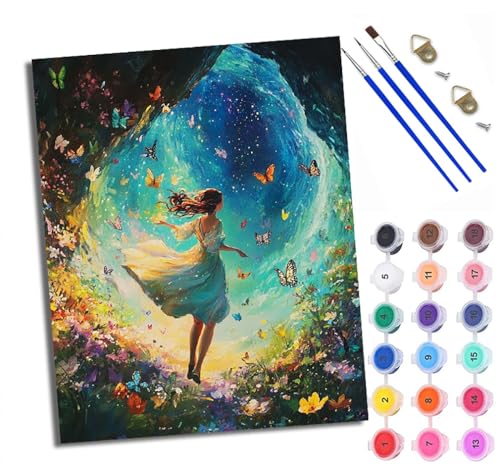 WXRWANG Pintura por Números para Adultos Mujeres bailando en el valle de las mariposas Pintura al óleo digital para adultos de Cuadro para Pintar por Números con Lienzo Con marco pintura al óleo de