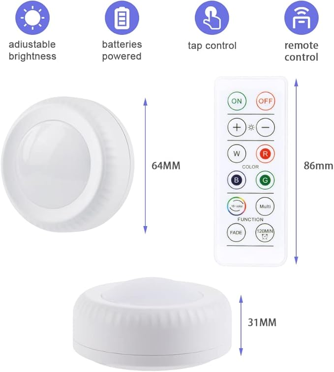 Vicloon Vicloon LED Spots Werkt op batterijen, met afstandsbediening, 3 stuks RGB LED kastverlichting 16 kleuren, dimbaar, met magneet/lijm voor slaapkamer, kledingkast, kast, keuken [Energieklasse A+++] photo 2