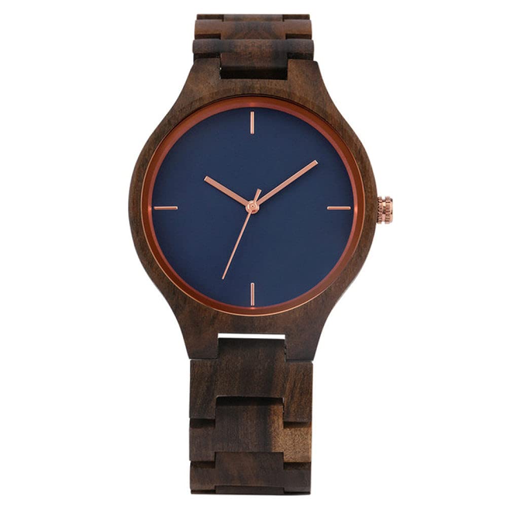 CAIDAI&YL Orologi da Uomo in Legno Movimento al Quarzo Minimalista quadrante Rotondo Blu Orologio da Uomo in Legno con Chiusura Pieghevole Orologio da Polso,Nero