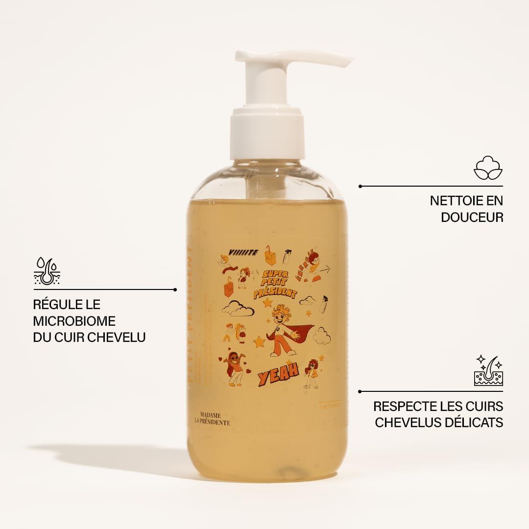 Madame La Présidente – Shampoing Enfant Petit Président dès 3 ans – Nettoie en douceur, n’assèche pas, ne pique pas les yeux – Tous types de cheveux, cuir chevelu sensible – 250 ml.