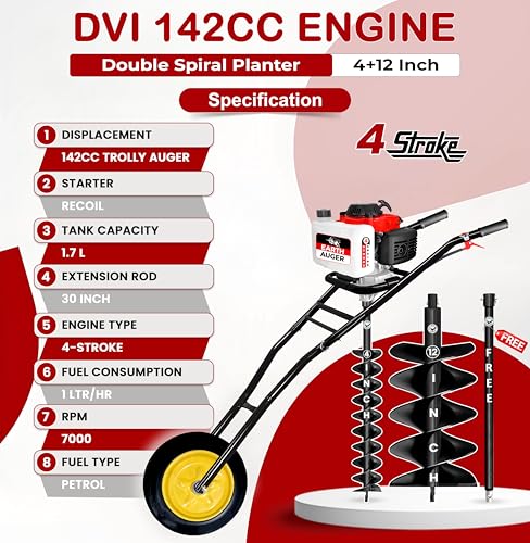 Image of DVI 142CC Trolley Earth Auger Machine, 4-Stroke Petrol Engine - with 4 Inch + 12 Inch Double Spiral Planter Bits & Free Extension Rod | for Plantation, Fencing & Post Hole Digging in All Soil Types.
