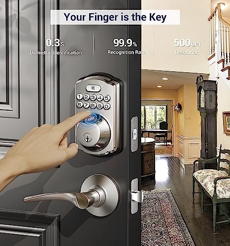Veise Fingerprint Door Lock, Keyless Entry Door Lock, Electronic Keypad Deadbolt, Biometric Smart Locks for Front Door, Auto Lock, Anti-Peeking Password, Easy Install, Satin Nickel