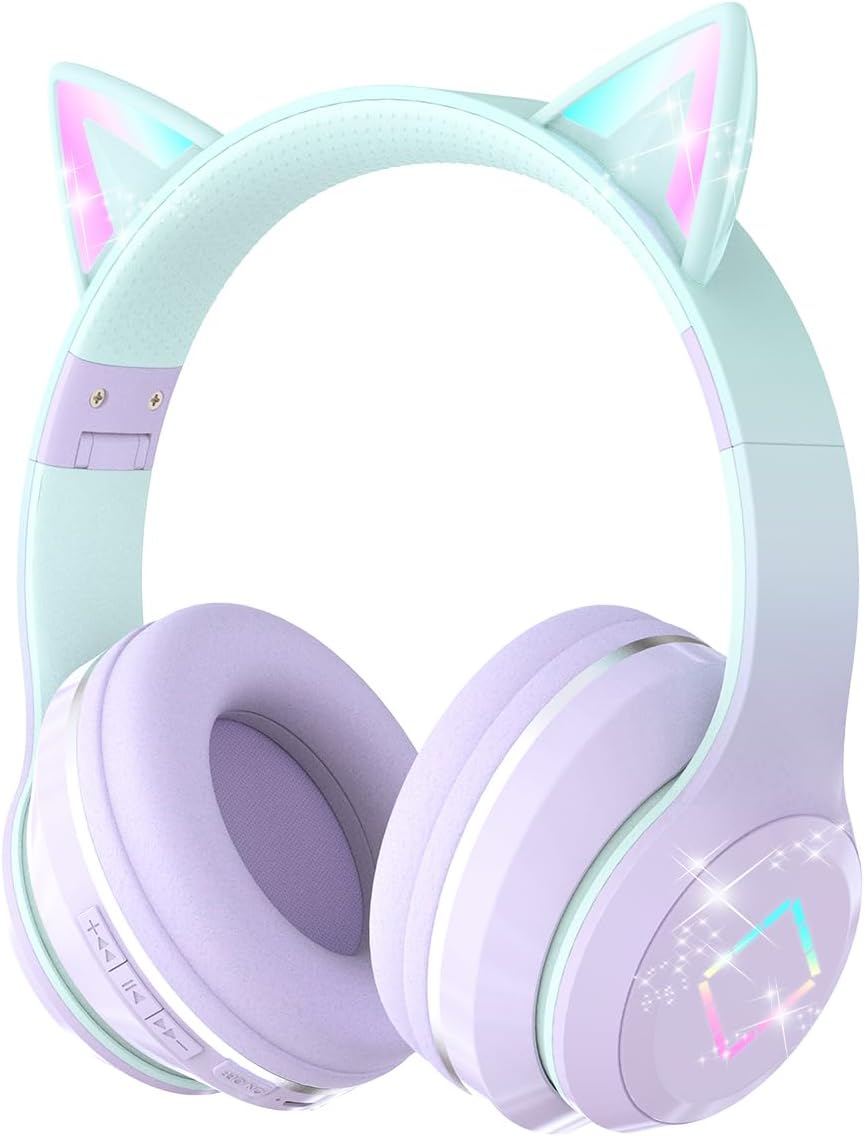 Bluetooth Kids Headphones,Cat Ear LED Light Up Kids Wireless Headphones,Bluetooth 5.1&Stereo Sound, Foldable,Adjustable Headband,Children Headphone with Microphone for School/Tablet (Purple)