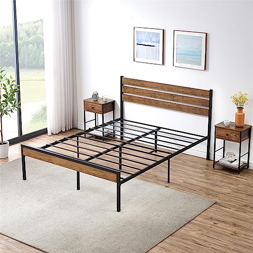 IDEALHOUSE Full Size Bed Frame with Rustic Vintage Wood Headboard, Mattress Foundation, Strong Metal Slats Platform Support, Under Bed Storage, Noise-Free, No Box Spring Needed - Image 6