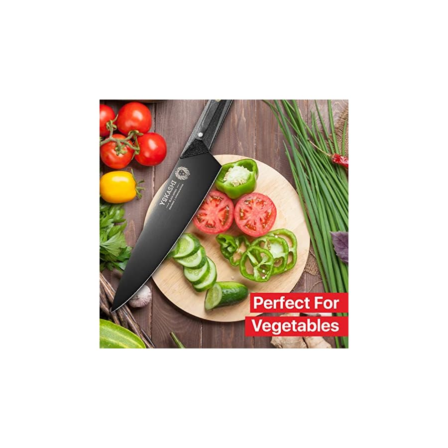 YOKASHI-Chef-Knife-8-inch-Professional-Kitchen-Knife-Black-Titanium-Nitride-Coated-Razor-Sharp-High-Carbon-7CR17MOV-G10-Handle-with-Sheath YOKASHI Chef Knife 8 inch - Black Titanium Nitride Coated Japenese Knife - Razor Sharp 7CR17MOV Carbon Steel - Full Tang Chef's Knife - G10 Alloy Steel Handle - Multi Purpose Kitchen Kinfe - Gift Box