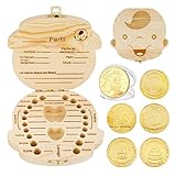 BOFUNX Caja para Dientes de Leche Cajita Madera en Español para Guardar Dientes de Niños Bebé+5pcs Monedas Hada de Dientes Regalo para Almacenamiento Dientes