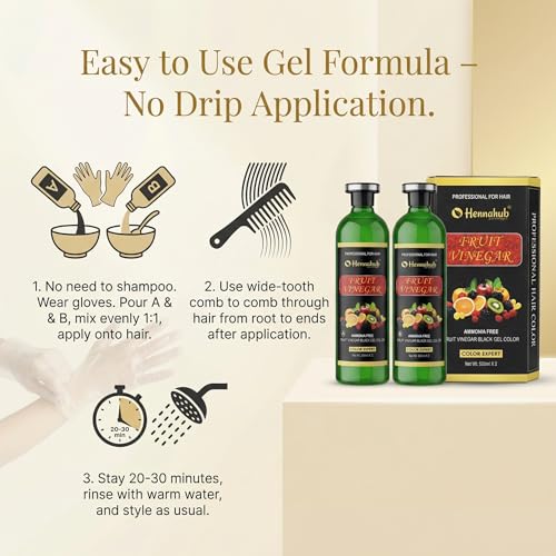 Image of Fruit Vinegar Gel Hair Color Black | 10 Minutes 100% Grey Coverage | A+B 500ml x 2 = 1000ml | Ammonia Free | Repairs & Colours Hair | For Men & Women | Made in India | Free Gloves | Hennahub