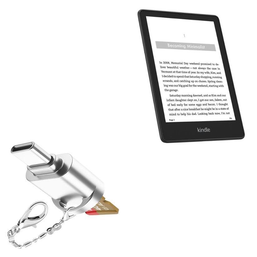 Adapter Compatible with Amazon Kindle Paperwhite (5th Gen 2021) - Micro SD Card miniReader, USB Type-C OTG Reader USB3.0 Adapter Keychain - Metallic Silver