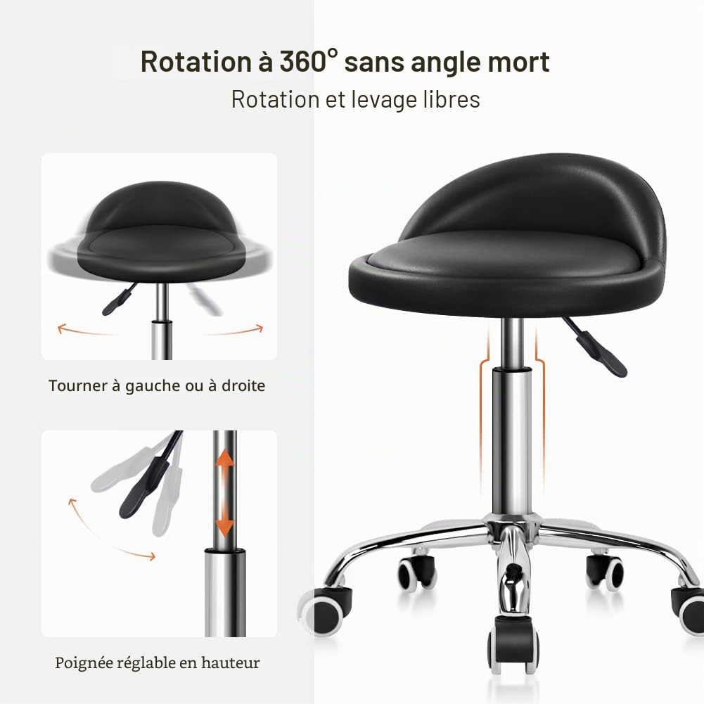 KKTONER Tabouret à roulettes réglable en Hauteur 46-62cm Noir
