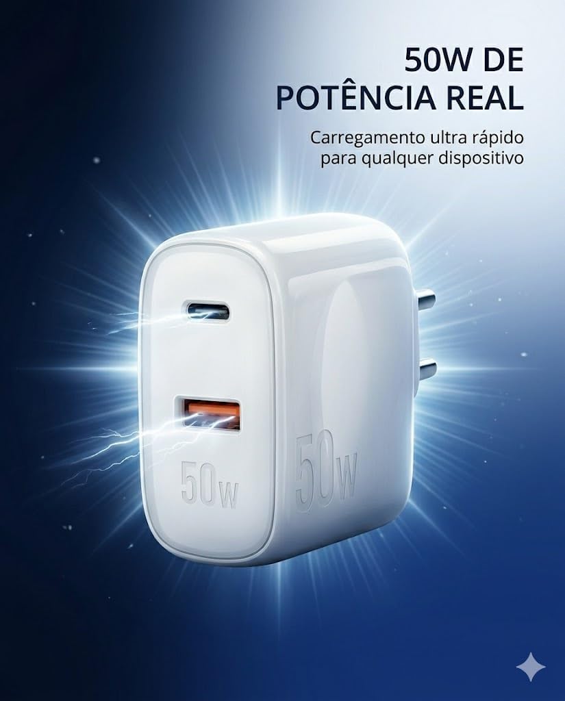 Carregador 50W + Cabo Compatível i.Phone, i.Phone X Xr 8 11 12 13 14 Plus Pro Max i.Pad, Carregamento Ultra Rapido, Fonte USB-C, Carga Rápida, Produto Homologado Anatel