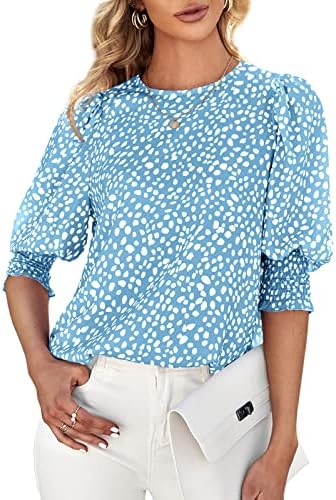 Teurkia Women's 3/4 Pleated Sleeve Blouse Crewneck Mixed Media Top Sky Blue