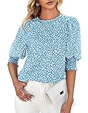 Teurkia Women's 3/4 Pleated Sleeve Blouse Crewneck Mixed Media Top Sky Blue