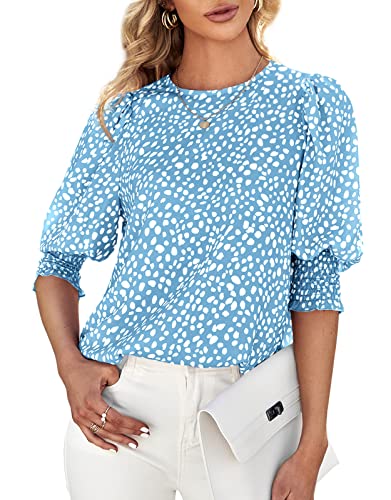 Teurkia Women's 3/4 Pleated Sleeve Blouse Crewneck Mixed Media Top Sky Blue