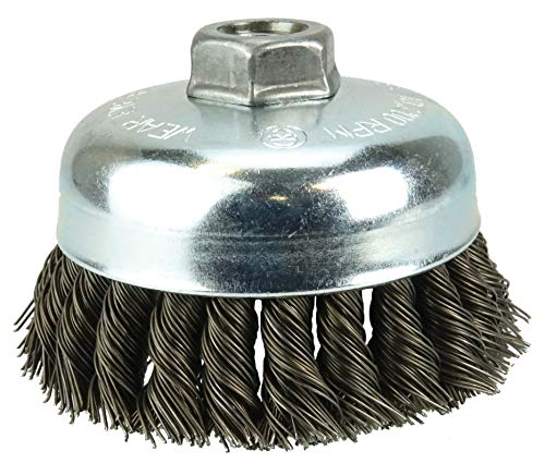 Image of Weiler 36244 Wolverine 4 inch Knot Wire Cup Brush, 0.025 inch Steel Fill, 5 /8 inch-11 UNC Nut, Made in the USA