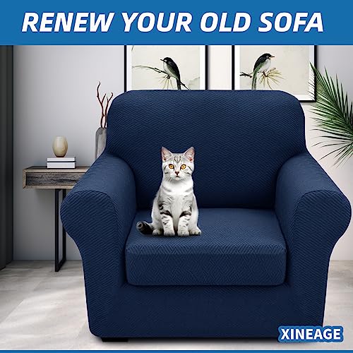 XINEAGE 2025 New 2 Pieces Chair Covers with Arms Super Stretch Chair Slipcover for Living Room Pet Dog Universal Slip Cover Anti Slip Armchair Furniture Protector (Navy Blue), 31"-46"(1 Cushion)