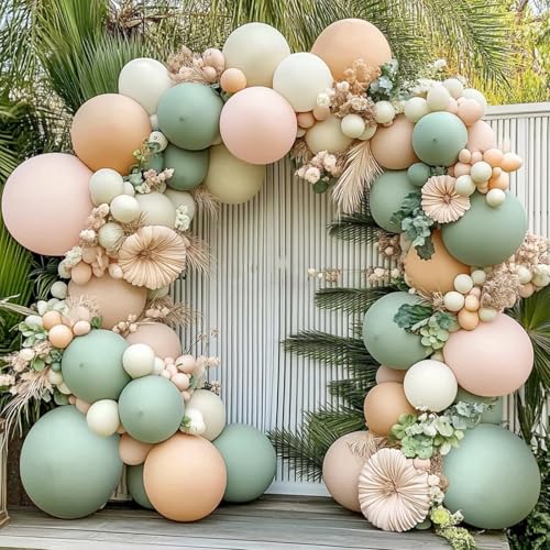 Dusty Green Pink Balloons Arch Kit Mist Fog Green Light Pink Nude Sand White Boho Balloons Garland Kit for Boho Party Bridal Shower Birthday Wedding Decorations
