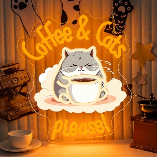 Image of Coffee Cat Please Neon Sign Dimmable LED Wall Light for Cafe Station Decor | 14.76IN*12.6IN,Five level brightness adjustment,USB powered,For Coffee Kitchen Corner Club Window Decor,Party Gifts