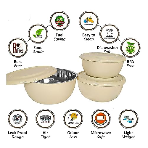 Image of Zaib Stainless Steel Microwave Safe Mixing Bowl Set of 6 with Lids (2 x 3) | 500ml, 800ml & 1250ml Storage Bowls (Classic Turquoise & Sand Brown)