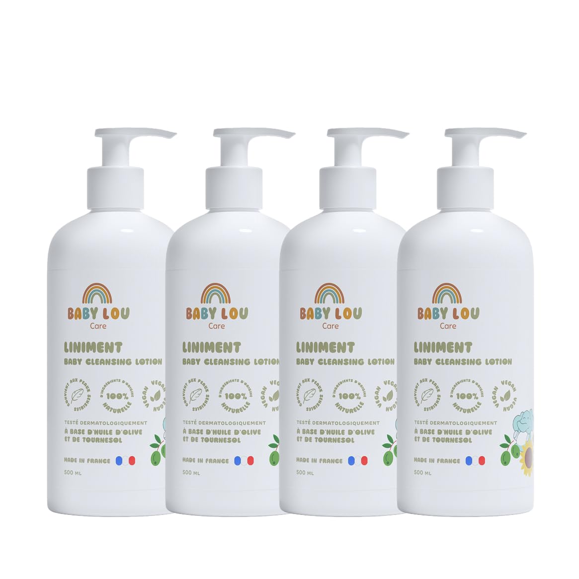 BABYLOU CARE Baby-Liniment 4×500 ml | Sanfte Reinigung beim Windelwechsel für empfindliche Babyhaut | 100 % natürliche, vegane Inhaltsstoffe | Hergestellt in Frankreich | Schützt, pflegt & beruhigt