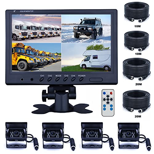 CAMECHO Camara Trasera Kit para Maquinaria Agricola,Monitor de 9 Pulgadas con 4 Cámara Trasera Impermeable,Visión Nocturna Soporte de 4 Canales para Tractor, Camion Remolques Autobús 12V-35V