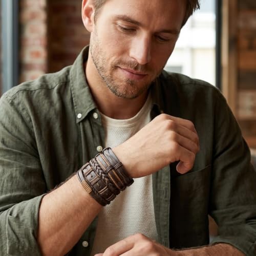 Image of Young & Forever Multi-Pack Men's Leather Bracelet Set - Braided Rope, Vintage Bead, Gothic Punk Skull, & Boho Wrapped Multi-Layer Cuff Wristbands, Adjustable Jewelry Pack