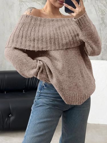 Image of Saodimallsu Womens Off The Shoulder Sweaters Oversized Long Sleeve Loose Ribbed Knit Fall Trendy Pullover Tops