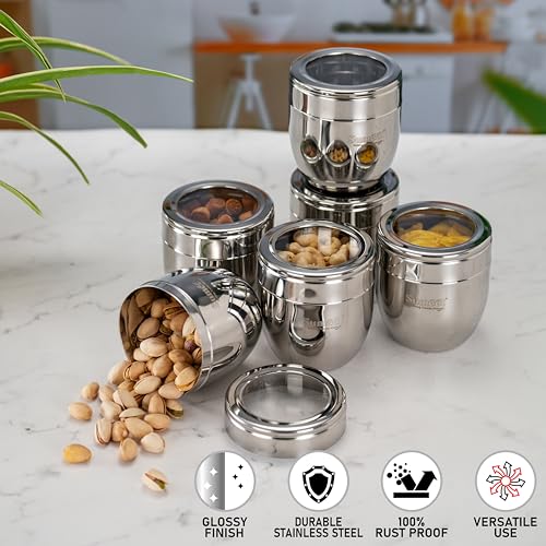 Image of Sumeet Stainless Steel Conical Shape Canisters /Dabba /Storage Containers for Kitchen with See Through Lid, Set of 6 Pcs, 400ml Each, 8.5cm Dia, Silver