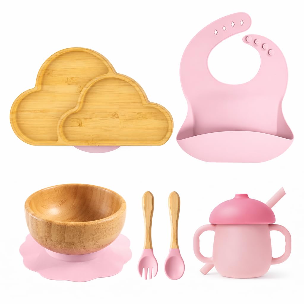 Bamboo Baby Feeding Set with Suction – Plate, Bowl, Spoon, Fork, Silicone Bib & Training Cup | 6-Piece Baby Led Weaning Set | BPA Free & Food Safe (Pink)-image-1