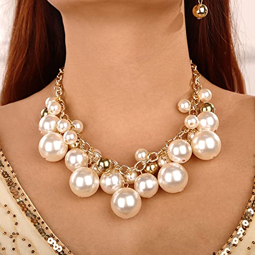 Wiwpar Women Statement Gold Short Chain Pendant Pearl Necklaces Chunky Faux Pearl Cluster Collar Bib Choker Necklace and Earrings Set for Women Gift2