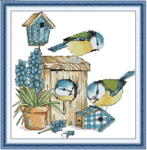 Image of Qeerysew Cross Stitch Kits Stamped Full Range of Embroidery Starter Kits for Beginners DIY - Printed Kit Mockingbird House (Printed) 14CT11.4x11.8 inches