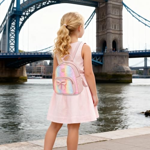 Image of I IHAYNER Mini Backpcak for Girls Small Bowknot Quilted Leather Backpack Purse for Women Travel Cute Trendy Stuff Gifts for Kids Rainbow