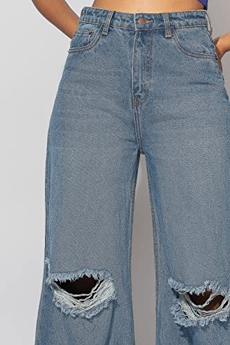 Image of FREAKINS Womens Cotton High Waist Distressed Wide Flare Jeans Regular